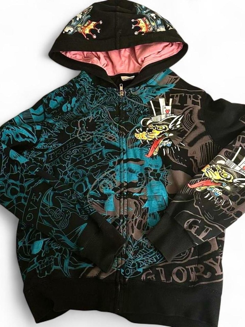 Christian Audigier Black Hoodie with Teal Graphics and Pink Hood Lining